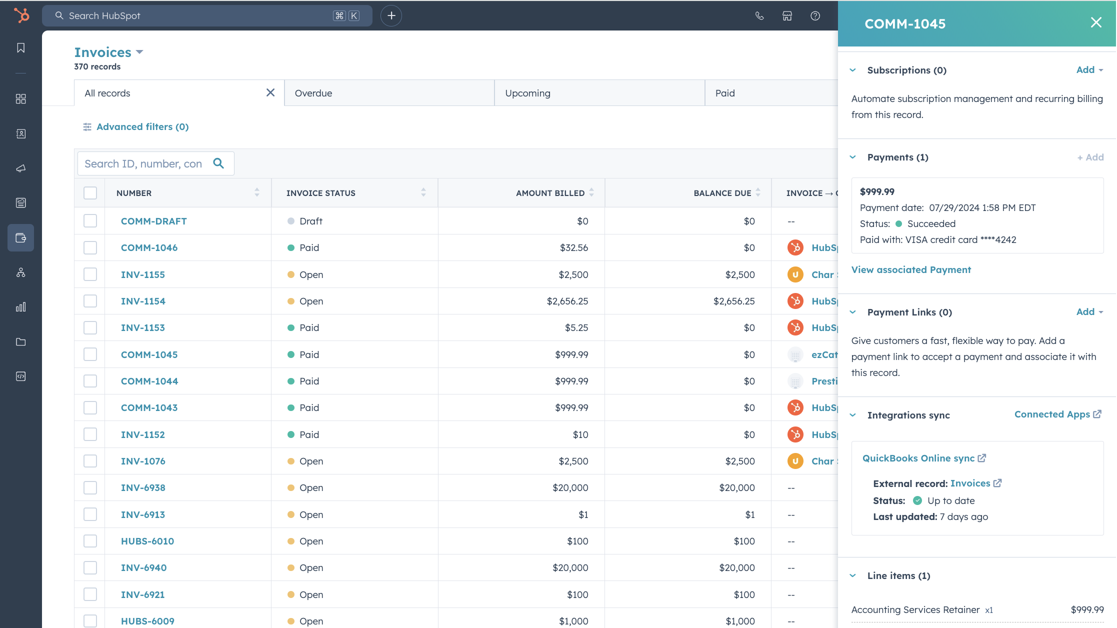 The screenshot shows an example of what information in Hubspot looks like when integrated with QuickBooks.