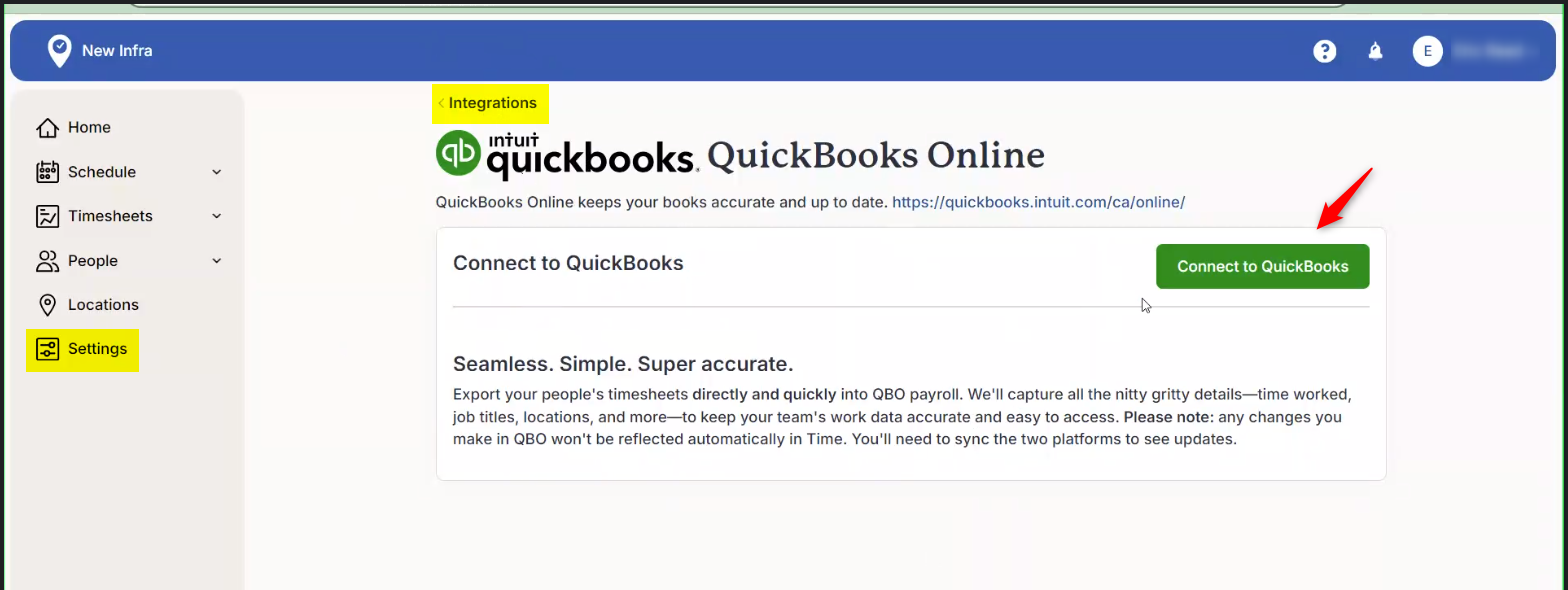 The screenshot shows the Time by Wagepoint interface where the software can integrate with QuickBooks Online.