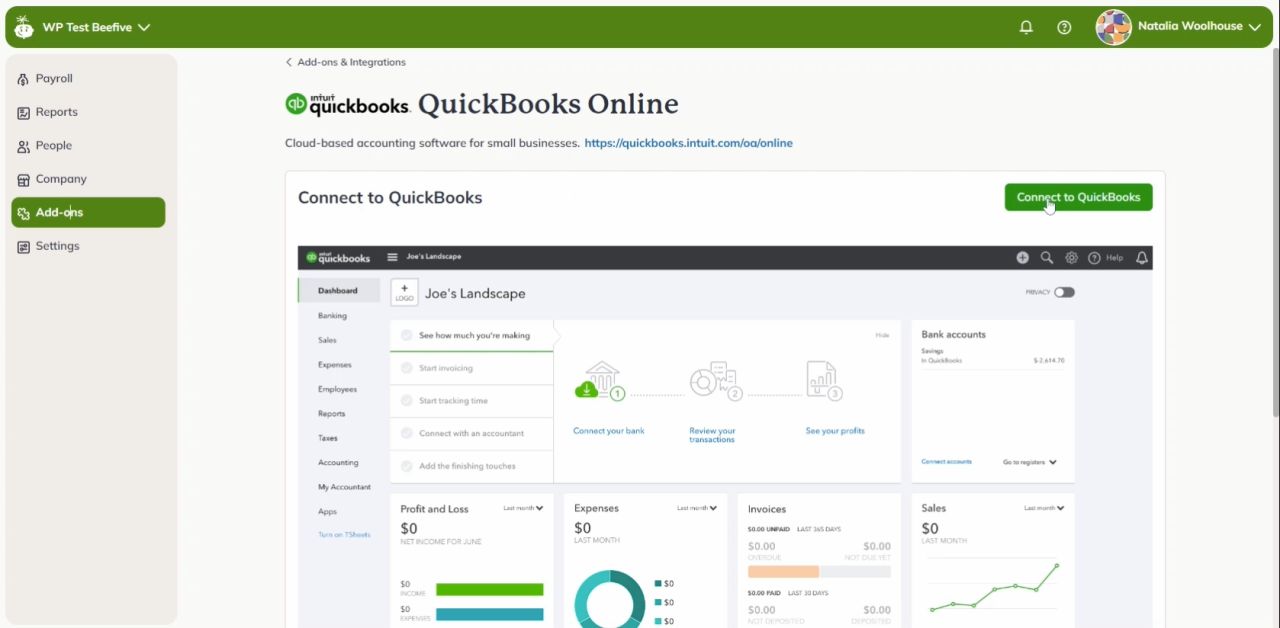 The screenshot shows the Wagepoint interface where users can integrate Wagepoint and QuickBooks Online.