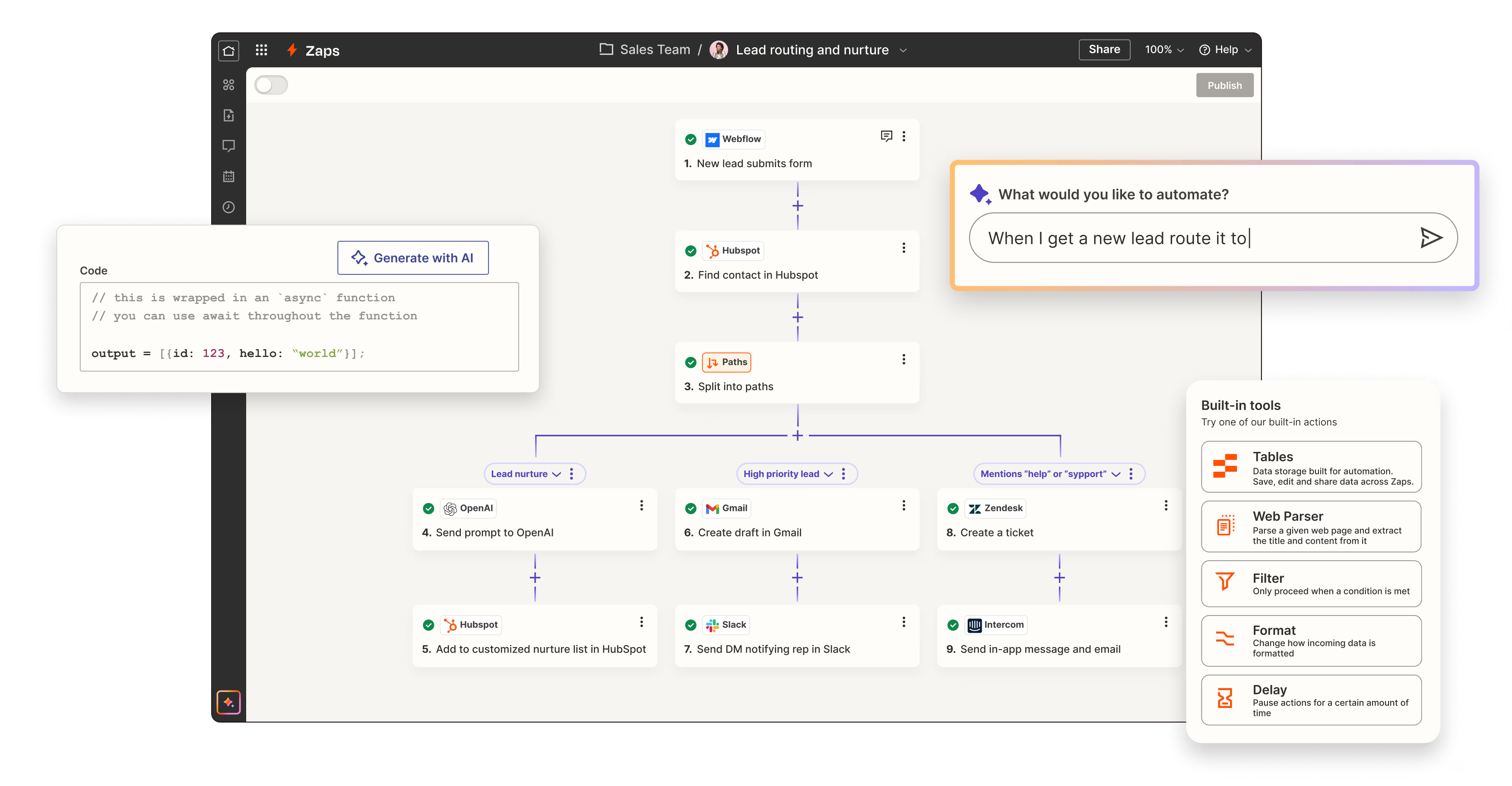 The screenshot shows an example of a workflow built in Zapier.