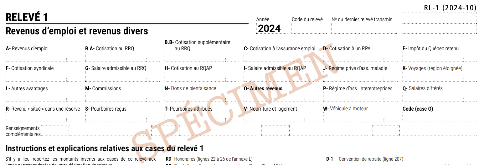 Screenshot of the RL-1 Revenus d'emploi et revenus divers document from Revenu Québec.