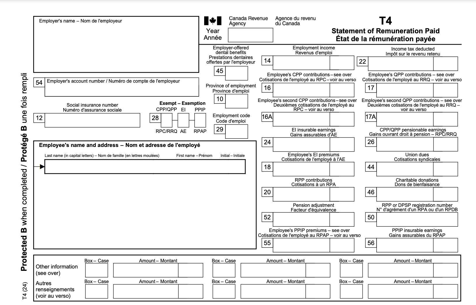 A screenshot of the Canada Revenue Agency T4 Statement of Remuneration form.