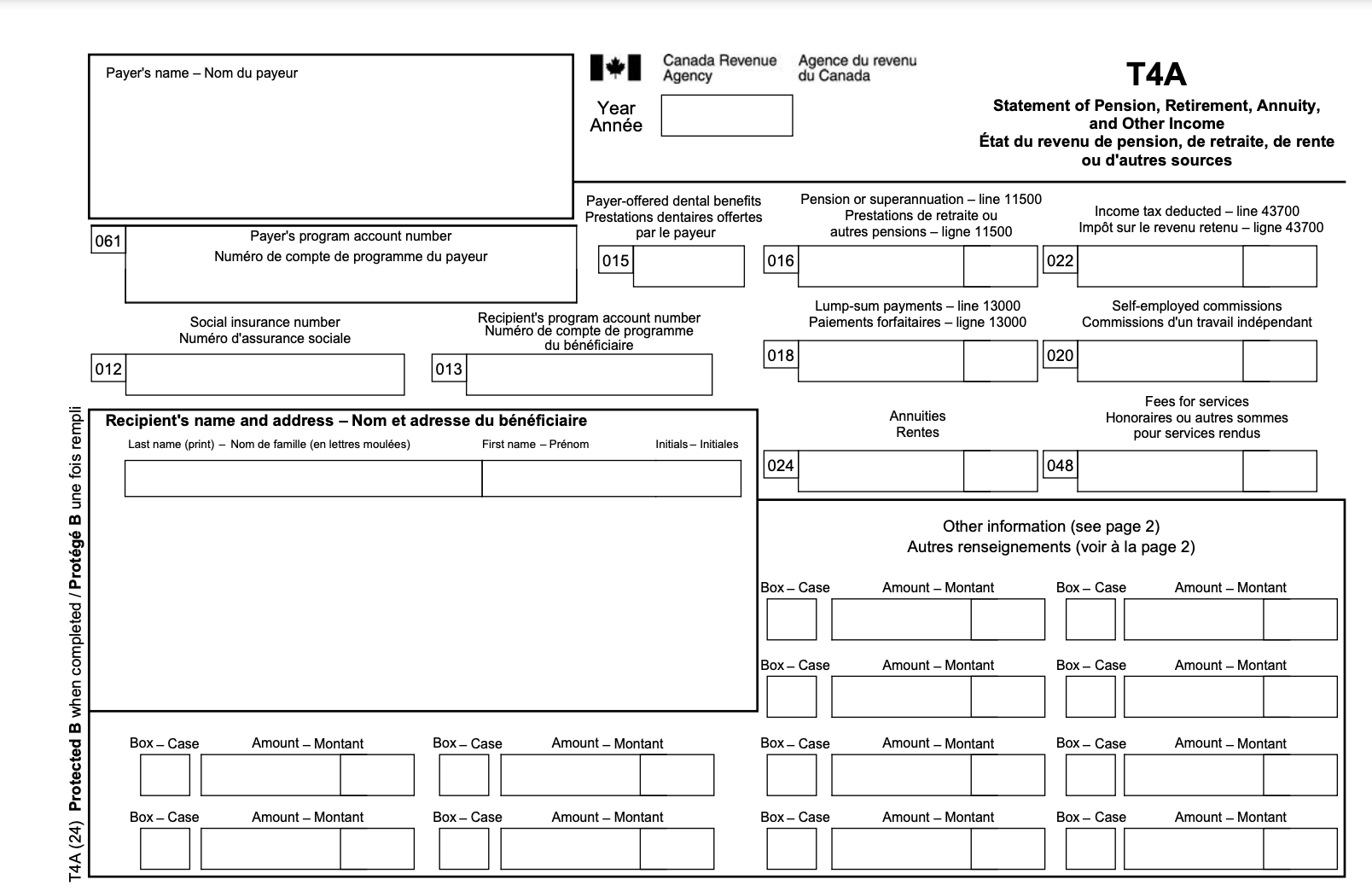 A screenshot of the T4A Statement of Pension, Retirement, Annuity, and Other Income from the Canada Revenue Agency