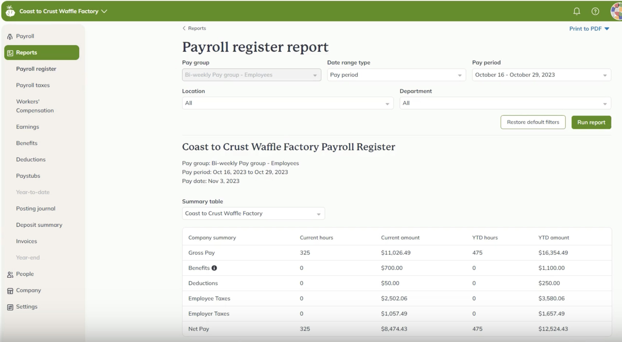 The image shows the Reports section of the Wagepoint Payroll interface. Along the lefthand side is a navigation bar. To the right is the Payroll register report, which filter options including by pay group, date range, pay period, location and department.