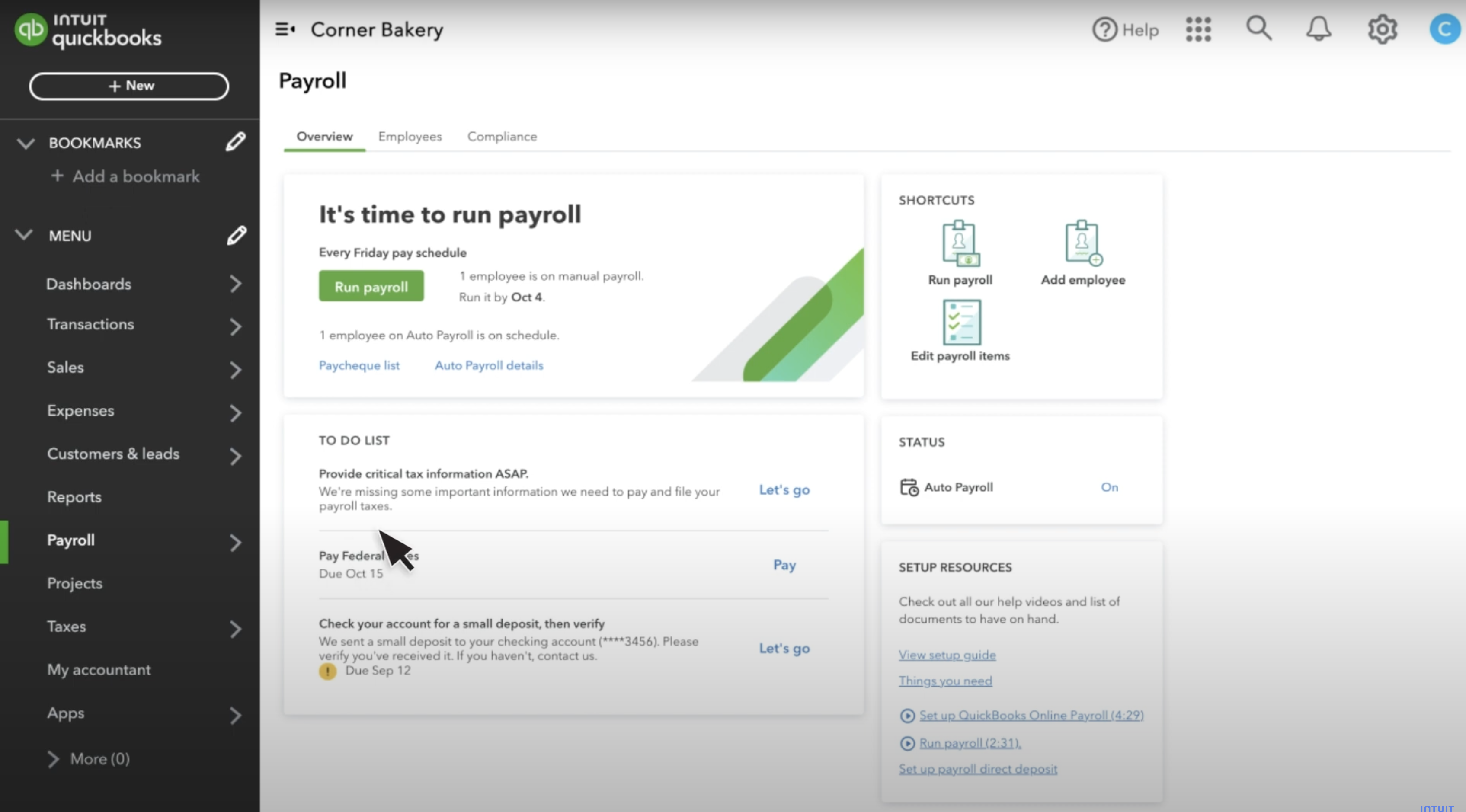 Image shows the QuickBooks Online Payroll interface.