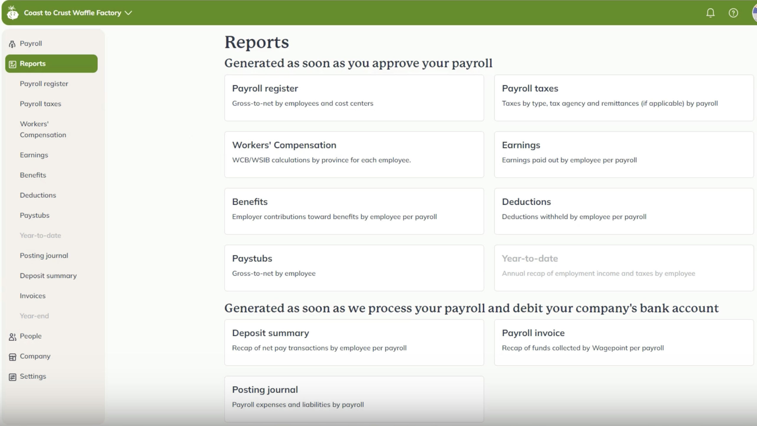 The image shows the Reports section of the Wagepoint Payroll interface. Along the lefthand side is a navigation bar and to the right is a screen listing which reports are available in the software.