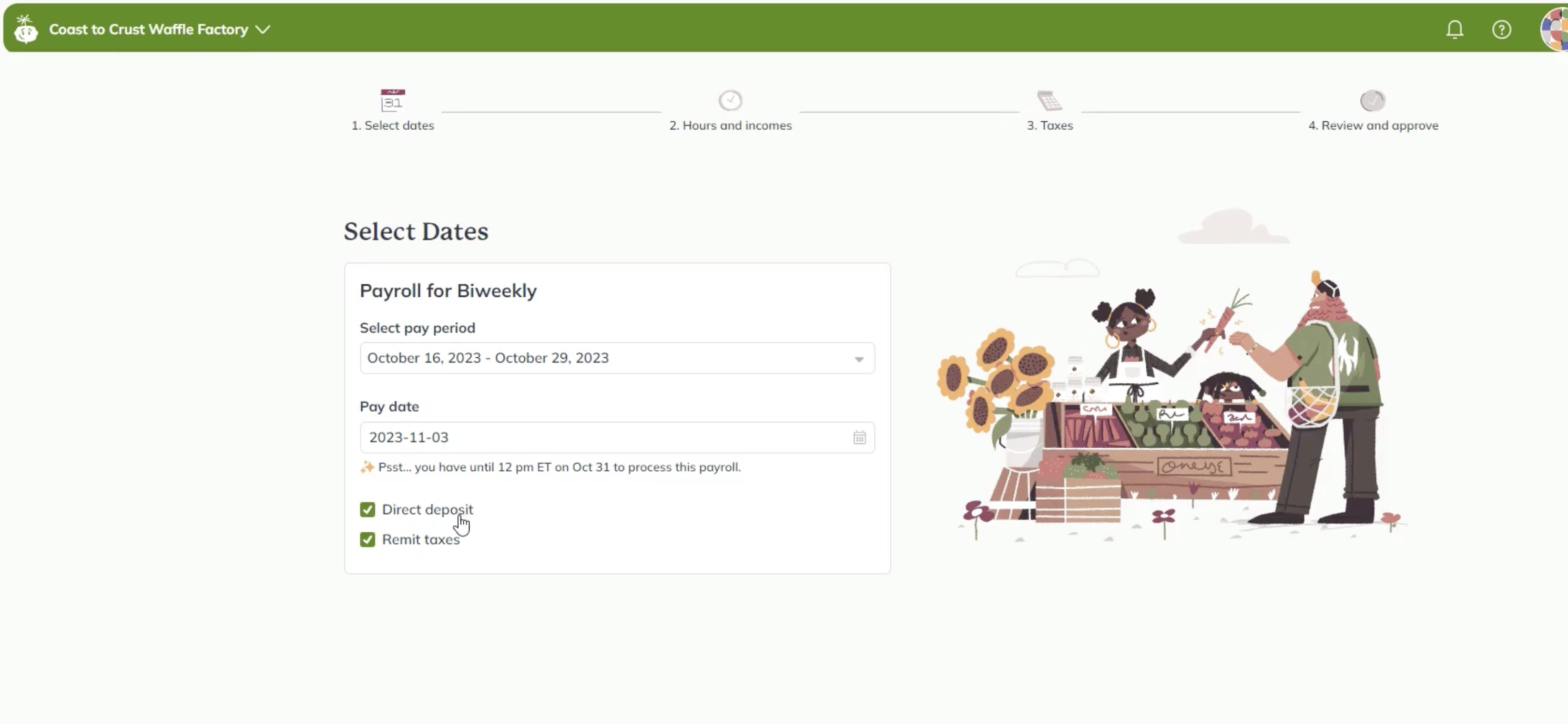 The image shows the first screen in the payroll processing portion of Wagepoint, including the payroll dates and details. There is also a checkbox for direct deposit and remitting taxes.