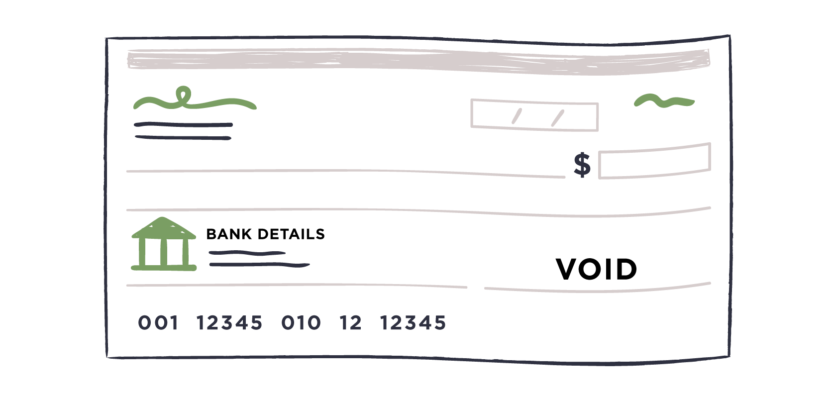 The stylized graphic shows a mockup of what a void cheque might look like, including where bank details go, the account numbers and how the word void may appear.