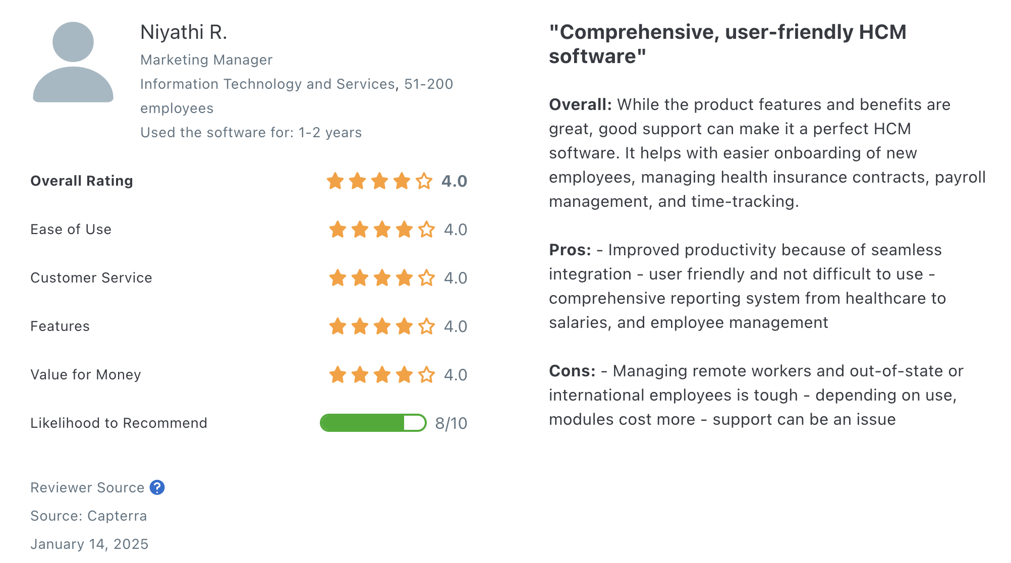 The screenshot features a review from a Dayforce user who finds the platform comprehensive and easy to use, but managing remote workers is a challenge.