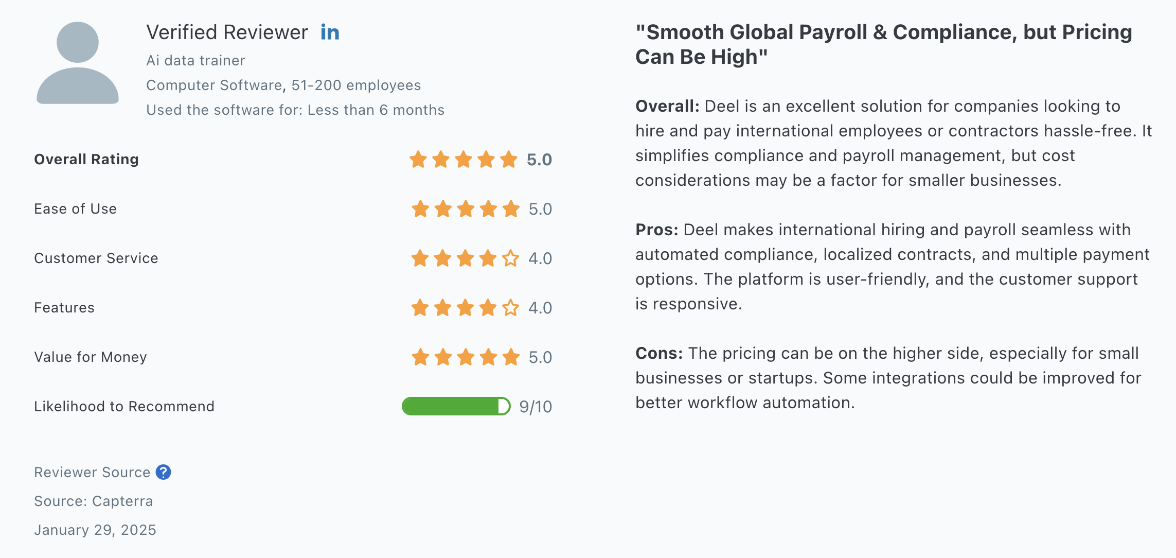 This screenshot features a review from a Deel user who says the payroll features are good, especially for global payroll, but that it's pricey for small businesses and startups.