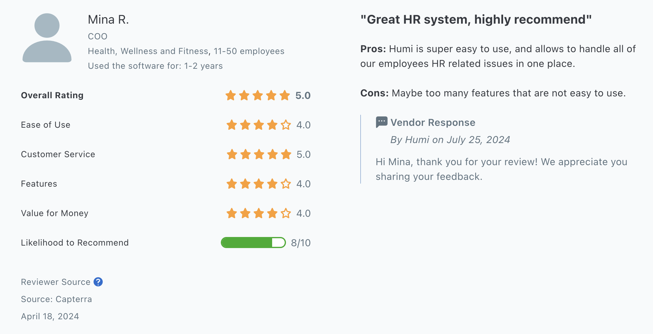 The screenshot features a review from Humi. Although the user recommends Humi, they feel there are too many features they don't use.