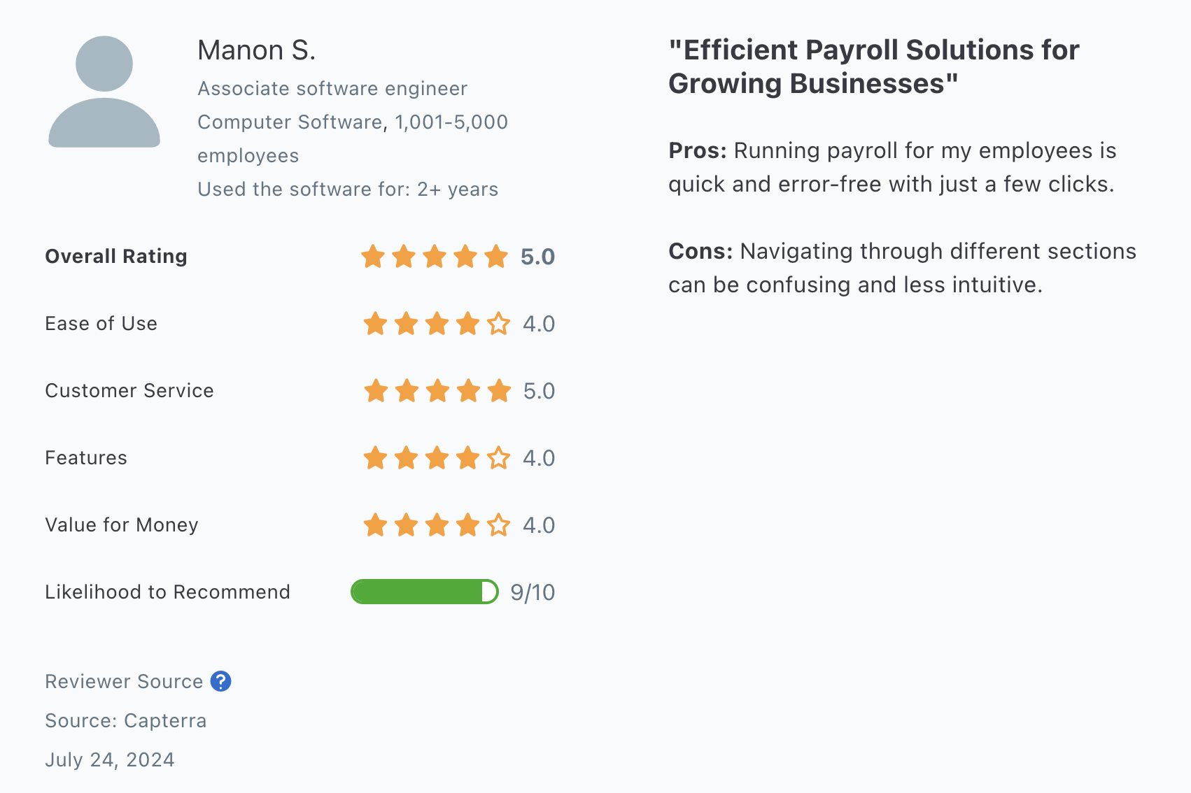 The screenshot features a review for Payment Evolution, calling the software efficient, but with confusing navigation.