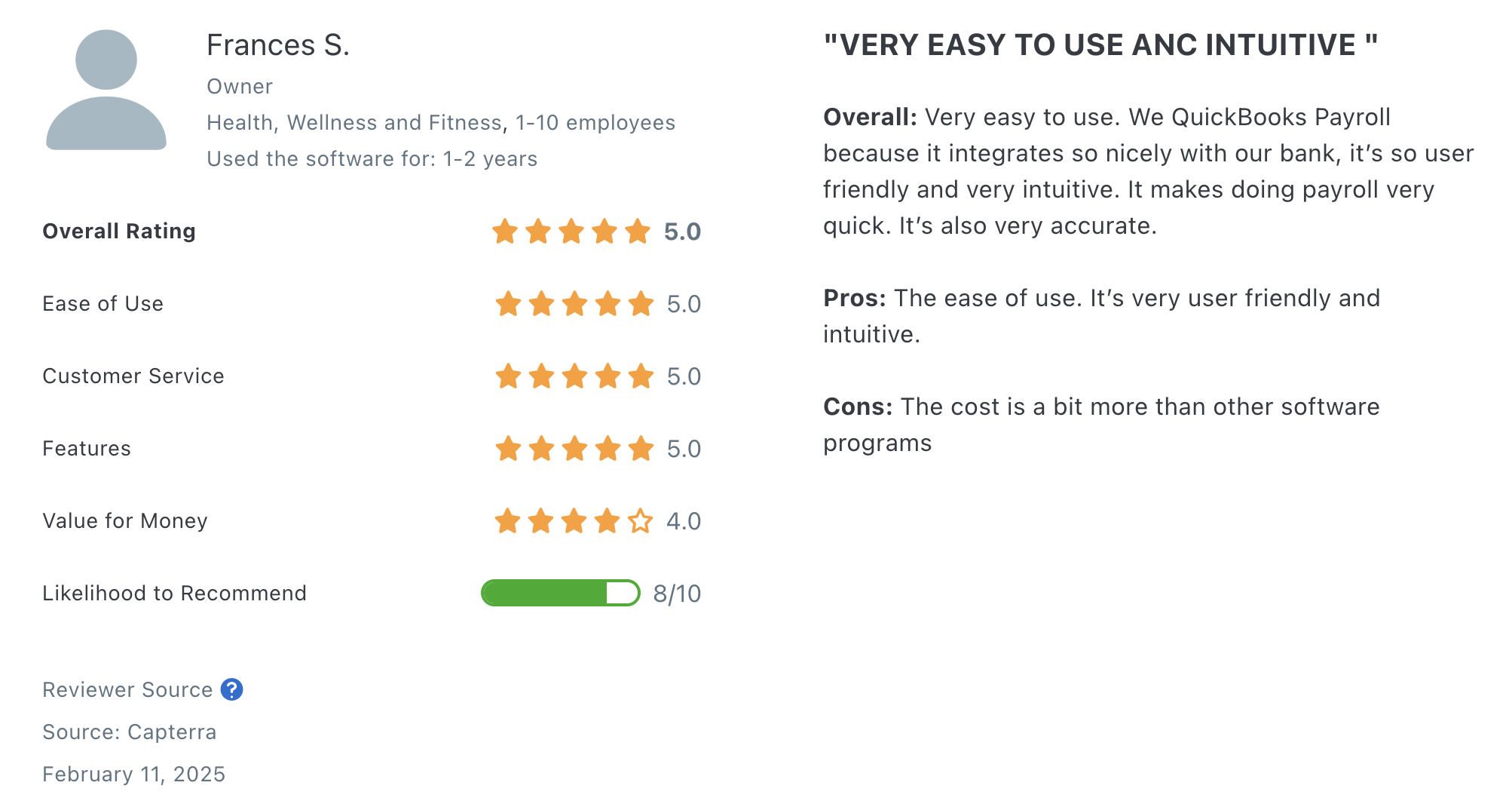 The screenshot features a review from a QuickBooks Online Payroll user who says it's user friendly, but costly.