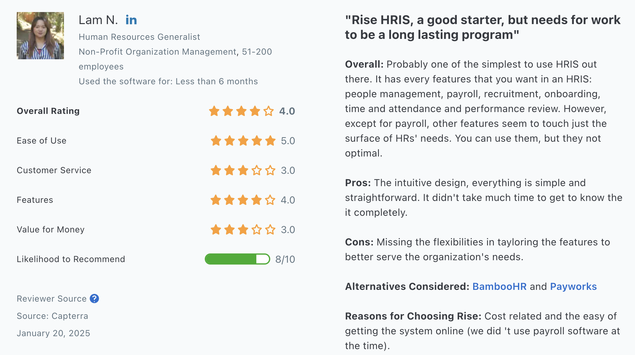 This screenshot features a review from a Rise user who overall likes the platform, but would like to see more flexibility to tailor to their business.