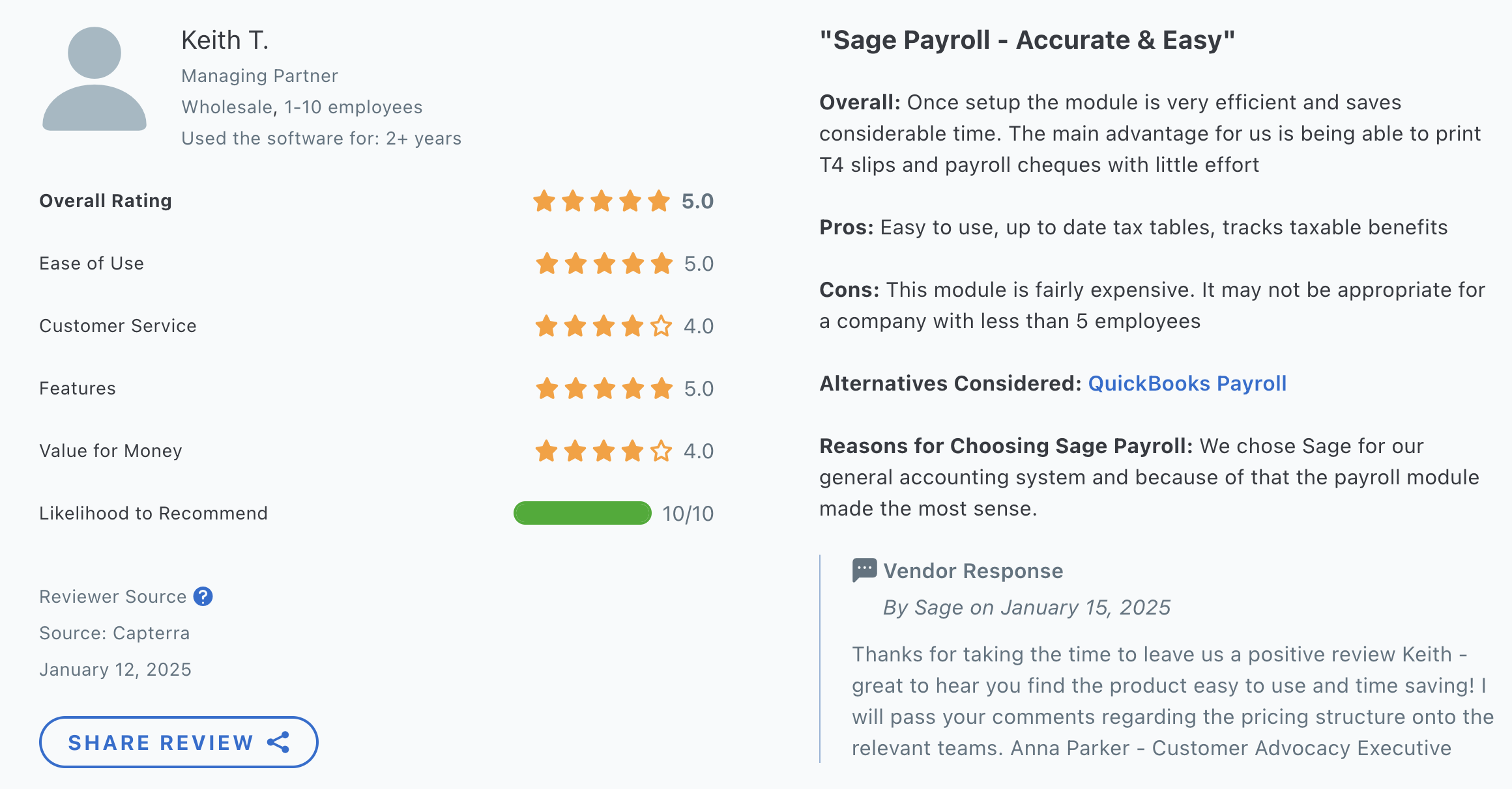 The screenshot features a review from a Sage user who praises the overall platform, but notes that it's expensive for smaller companies.