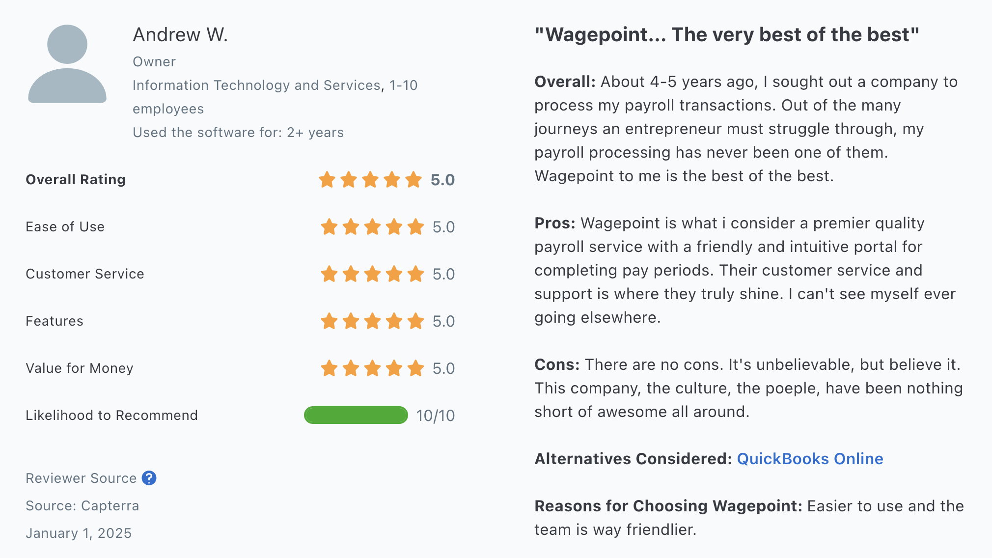 Screenshot shows a review from a Wagepoint customer who says Wagepoint is the best of the best.