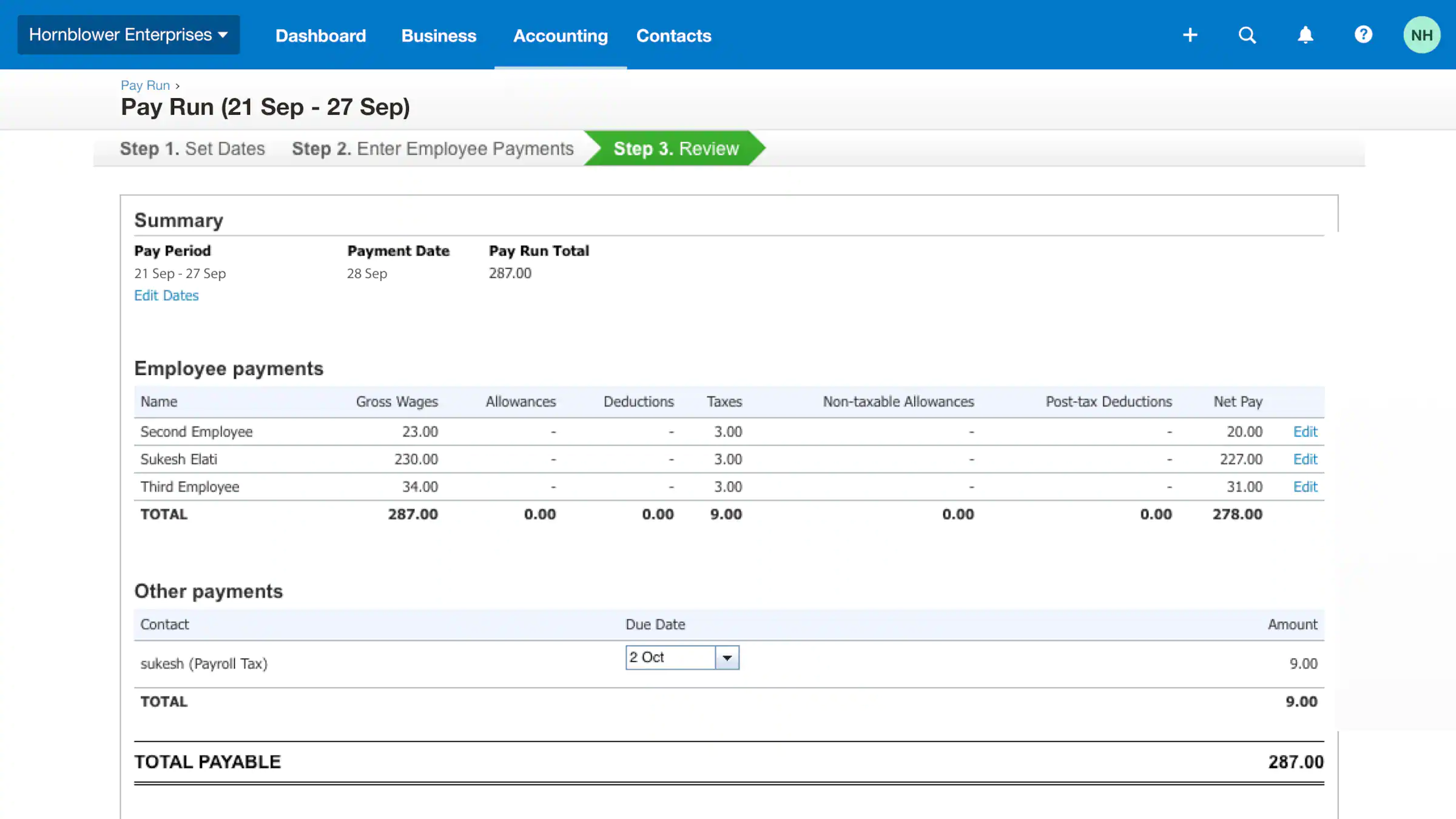 The image features the basic payroll interface, Xero Pay Run.