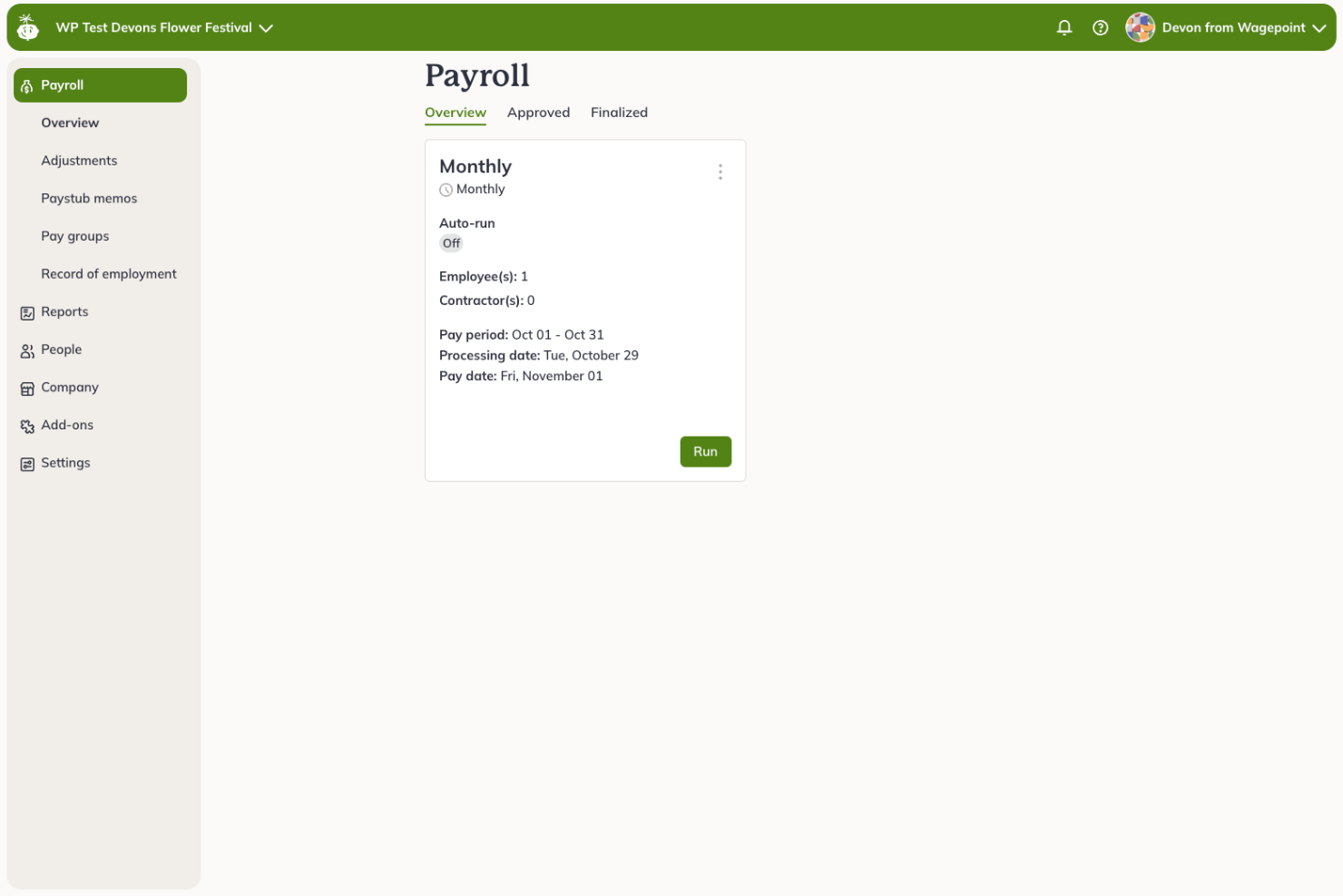 Screenshot shows the Wagepoint payroll interface, which includes a left-hand navigation menu and a biweekly pay run option in the middle of the screen. The colours are green and shades of beige.