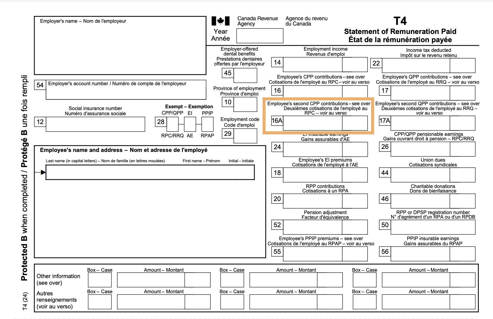 The image is a screenshot a T4 form with Box 16A for CPP2 contributions highlighted.