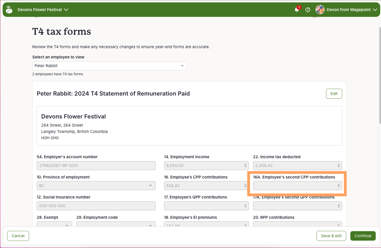 The image depicts how a T4 appears in the Wagepoint payroll interface. Box 16A, which is used for CPP2 contributions is highlighted.